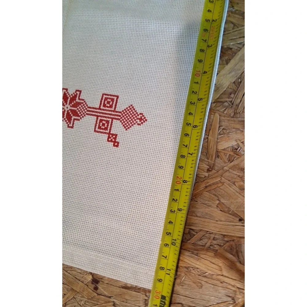 Vtg. Handmade Red and White Cross Stitch Snowflake Pattern Textile Table Runner